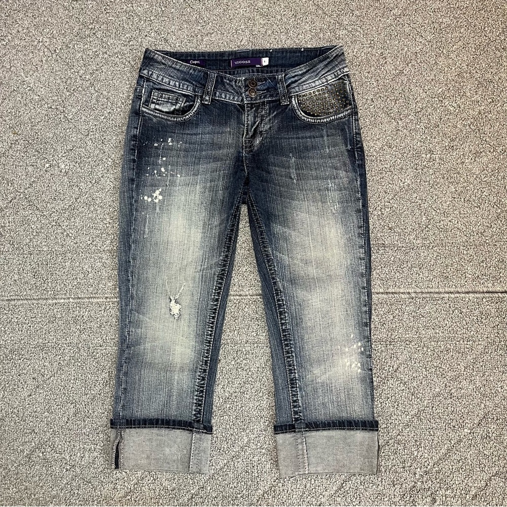 Vigoss Capri Studded Thick Stitch Distressed Jeans Womens Size 1 Blue